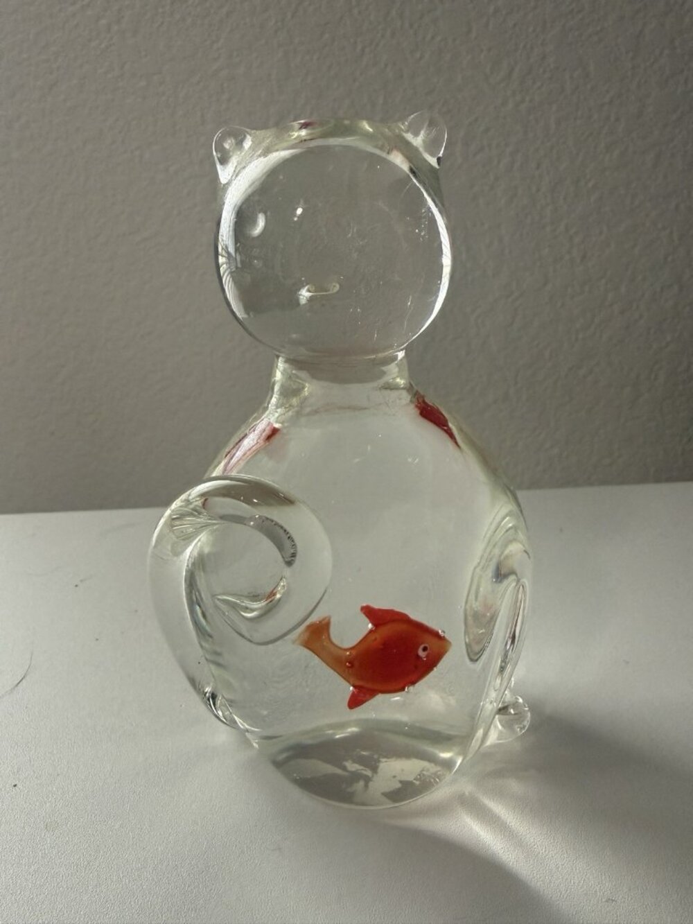 Vintage Murano Style Cat With Goldfish In Belly Paperweight Art Glass